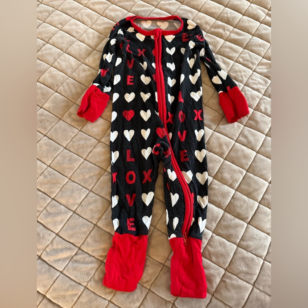 Little Sleepies Valentine’s Day Black Heart Zippy One-Piece with Red Trim